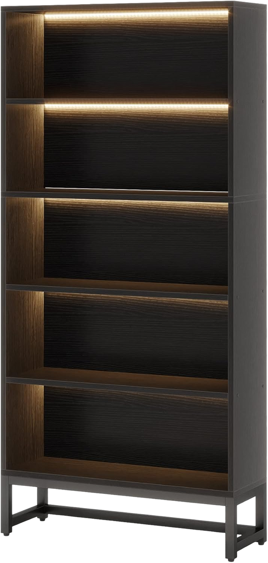 71" Tall Heavy-Duty Black Bookcase with Smart LED Lighting, 5-Tier Industrial Library Bookshelf with APP Control, 31" Wide