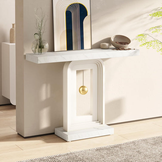 Emoottoo Modern Console Table, 40 Inches Faux Marble Sofa Table, Contemporary Entryway Table with Pendulum Shape Base for Living Room Hallway Entrance, White