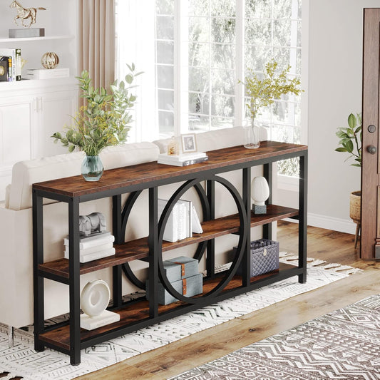 Emoottoo Extra Long Console Table, 70.9 inch Narrow Sofa Tables with 3 Tier Wood Storage Shelves Industrial Metal Frame for Entryway Hallway Living Room Behind Couch, Rustic Brown Black