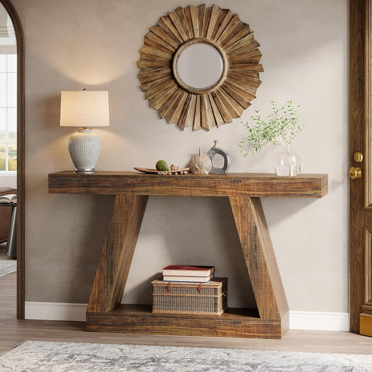 Emoottoo Farmhouse Console Table, 55-Inch Rustic Sofa Table with Storage, Industrial Wooden Entryway Table for Hallway, Living Room,