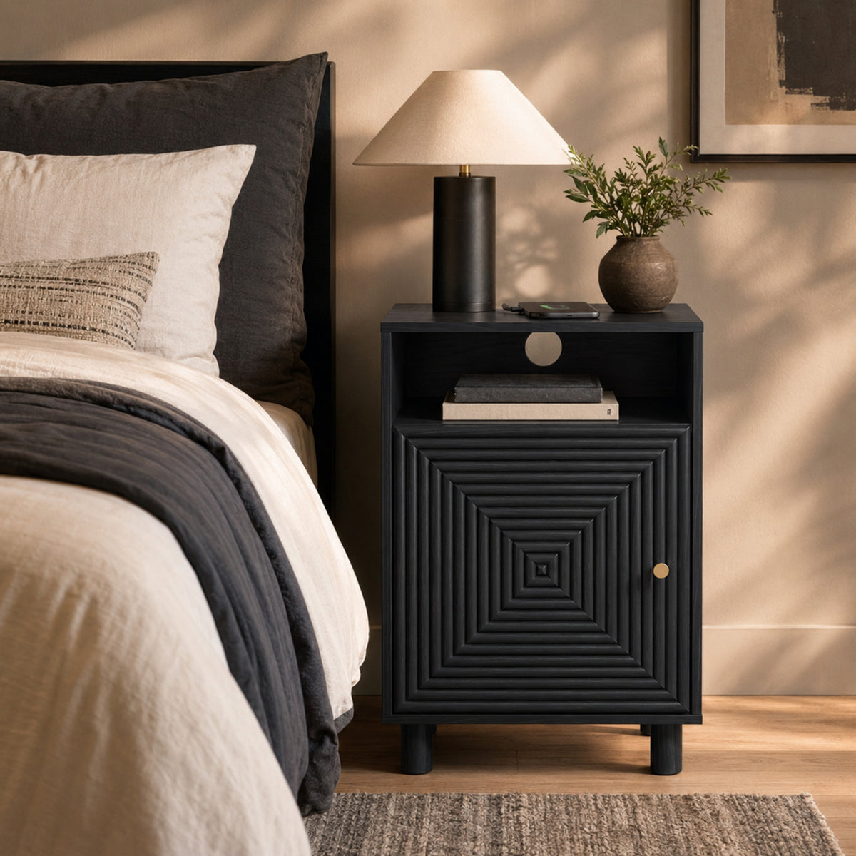 Black | EMOOTTOO 15.7" Nightstand with Charging Station & Storage - product view 12