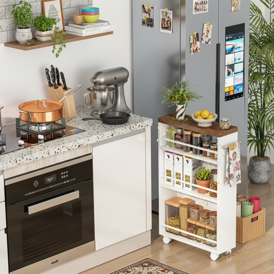 Emootto 32" Slim Rolling Storage Cart - 4-Tier Narrow Kitchen Trolley with Handle, White & Rustic Wood Gap Organizer on Wheels for Small Spaces
