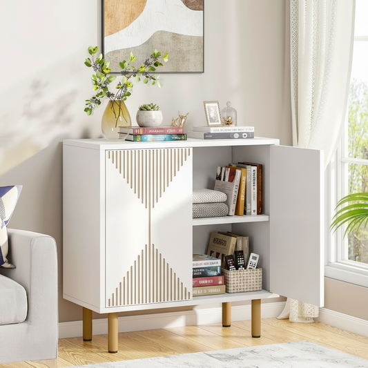 Emootto 59" Luxury White & Gold Sideboard, 4-Door Storage Cabinet with Geometric Diamond Fluted Pattern, Modern Buffet Credenza for Dining Room & Living Room