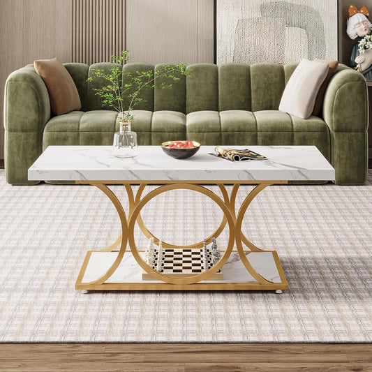 Emoottoo Rectangle Coffee Table, 46.45-inch Modern Coffee Tables for Living Room, 2-Tier Faux Marble Wood Coffee Table with Geometric Legs, Furniture with Storage Shelf