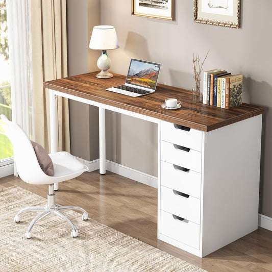 Emoottoo Computer Desk with 5 Drawers, 47 inches Rustic Brown Home Office Desk with Storage, Modern Simple Laptop Desk Study Writing Table for Small Spaces (Reversible Drawer Cabinet)