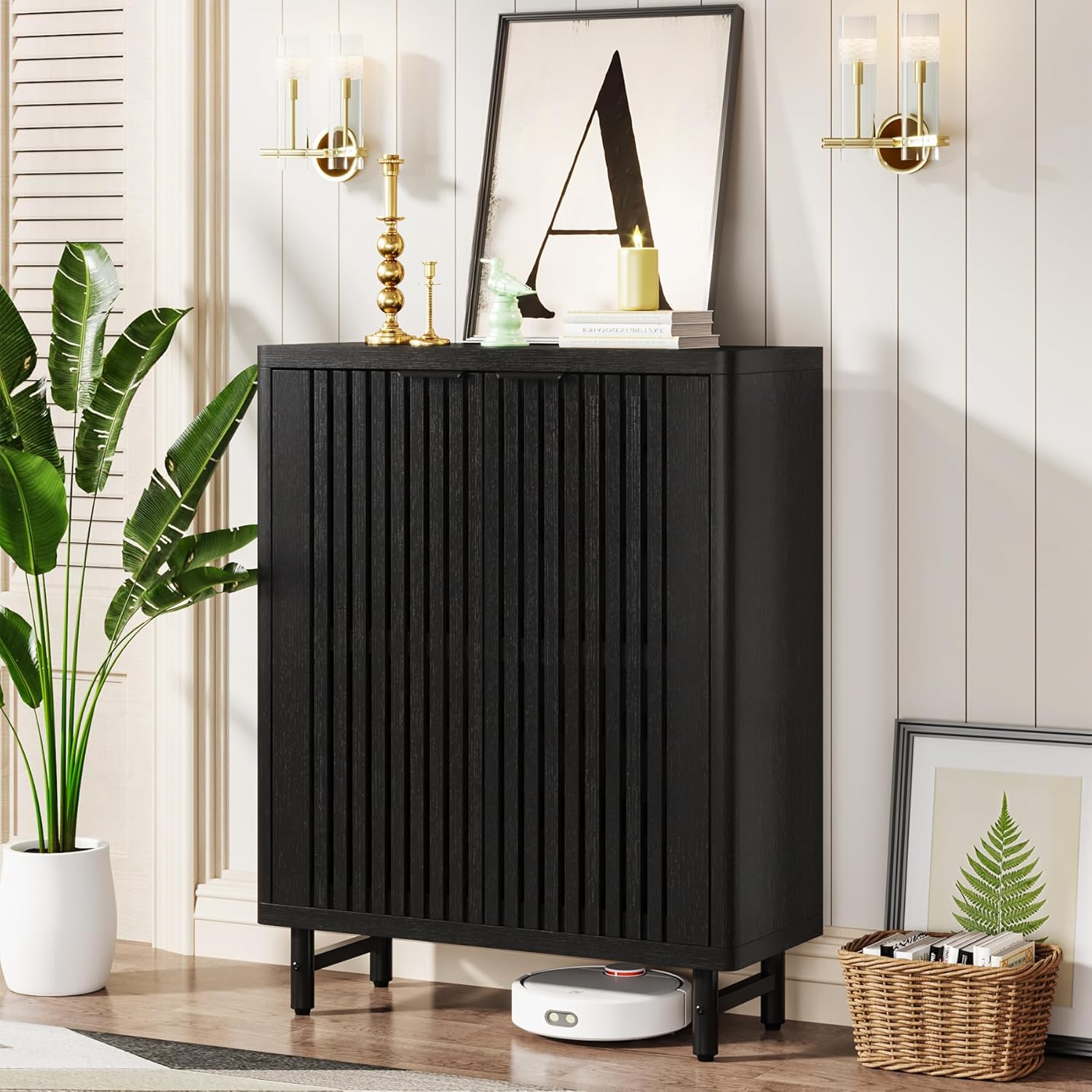 EMOOTTOO 43" Modern Black Shoe Storage Cabinet with Louvered Doors