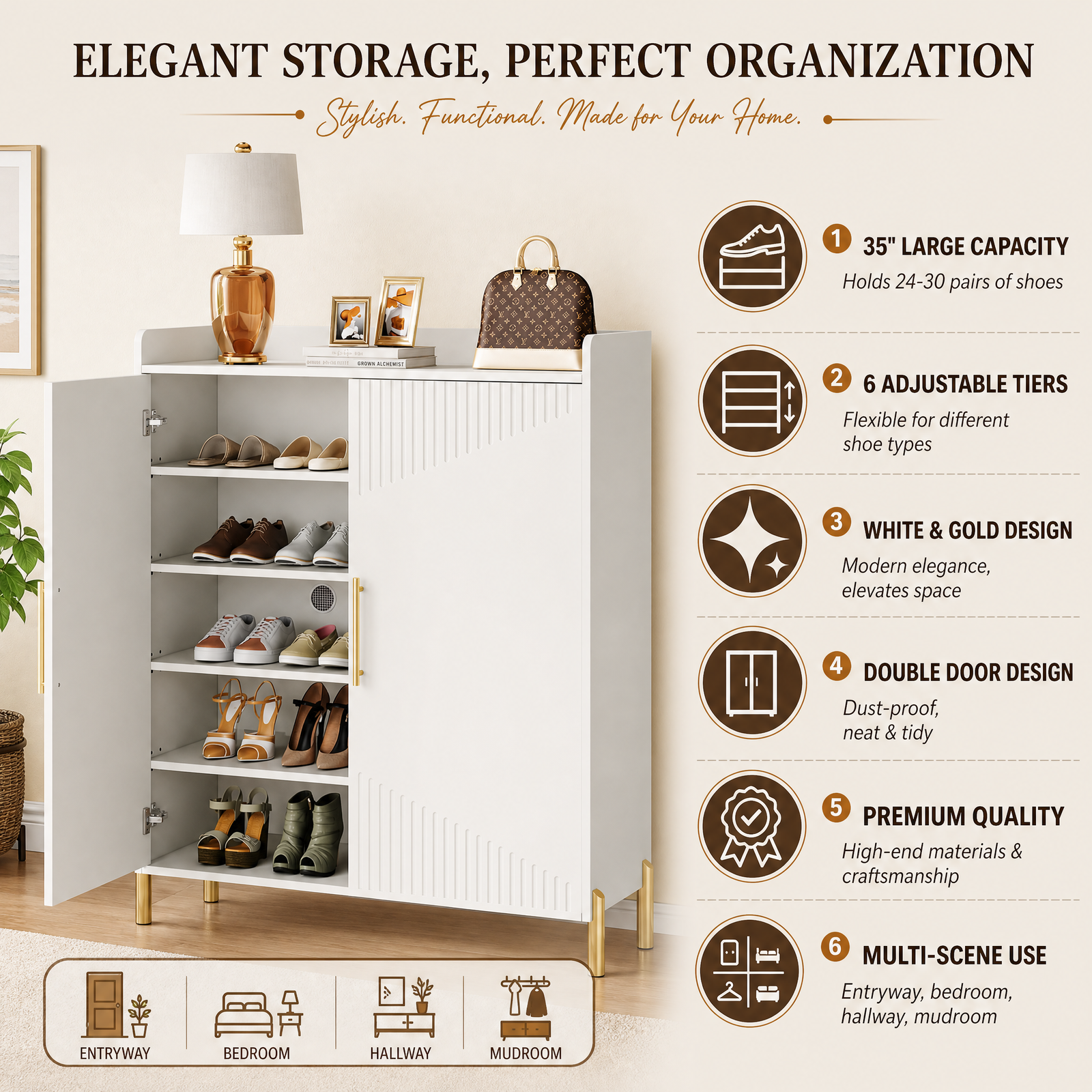 EMOOTTOO 6-Tier Fluted-Door Shoe Cabinet