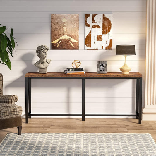 Emoottoo 70.9 inch Extra Long Console Table Behind Couch, Easy Assembly Sofa Table for Living Room Small Space, Rustic Industrial Narrow Entryway Hallway Table (Brown)