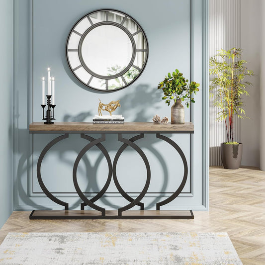 Emoottoo Console Table, 55-Inch Industrial Entryway Table with Geometric Metal Frame, Narrow Long Wood Accent Sofa Table for Living Room, Entrance, Hallway