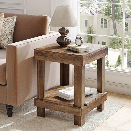 Emoottoo 2-Tier End Table, All Wooden Square Side Table with 2 Storage Shelves, Farmhouse Chairside Table Side End Table for Living Room, Small Bedside Table Nightstand for Bedroom, Natural Color