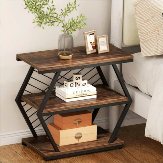 Emoottoo End Table, Industrial Side Table with 3 Tiers Storage Shelves, Wood Accent Table with Geometric Metal Frame, for Living Room, Bedroom (1, Rustic Brown)