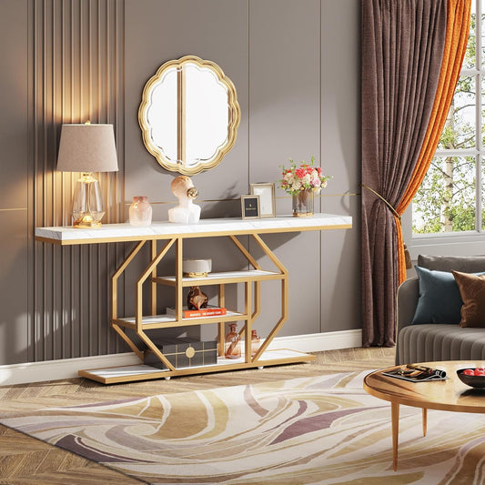 Emoottoo 70.9 inch Extra Long Console Table, Modern Gold Sofa Table Behind Couch with Storage, 4 Tier Entryway Accent Table for Living Room, Hallway, Entrance, Faux Marble White