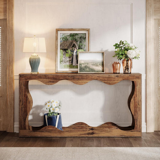 Emoottoo 63 Inches Farmhouse Console Table with Storage, Couch Table Behind Sofa, Long Entryway Sofa Station, Narrow Console Stand, Hallway Stand for Entryway Living Room, Brown | with Storage, Couch Table, Behind Sofa, Narrow Console Stand, Hallway Stand