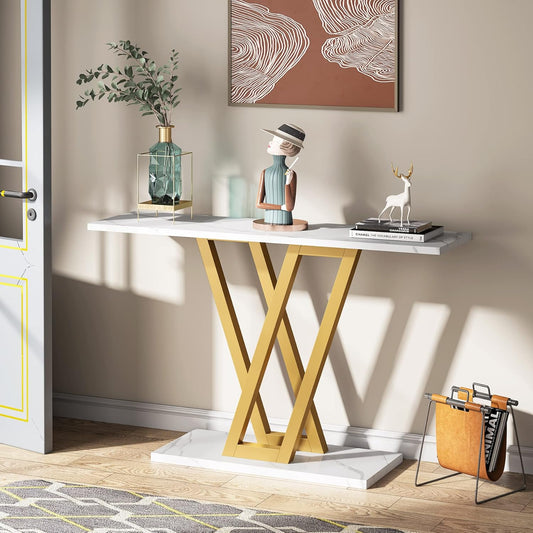 Emoottoo Gold Console Table, Modern Hallway Table for Entryway, 43 Inch Entryway Tables Narrow Sofa Table for Living Room, Stable Metal Frame & Easy Assemble, Faux Marble White
