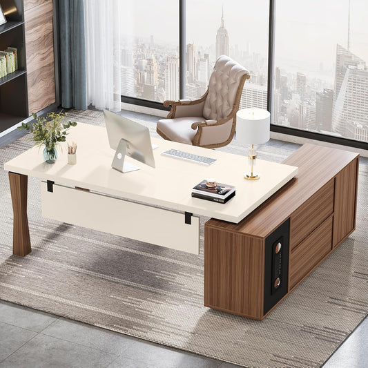 Emoottoo 78.7-Inch Executive Desk, L-Shaped Desk with Cabinet, Large Office Table with Storage Shelves, Writing Table Business Furniture Set for Home Office, Cream White Walnut