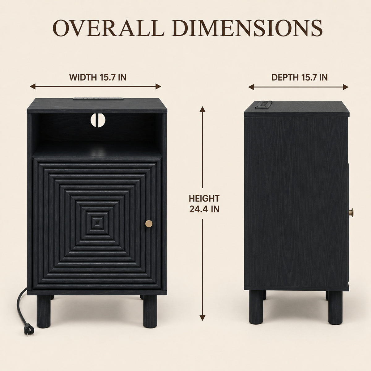 Black | EMOOTTOO 15.7" Nightstand with Charging Station & Storage - product view 9