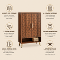 EMOOTTOO Mid-Century Modern 6-Tier Shoe Cabinet with Herringbone Carved Doors, Walnut, 13.77" Wide