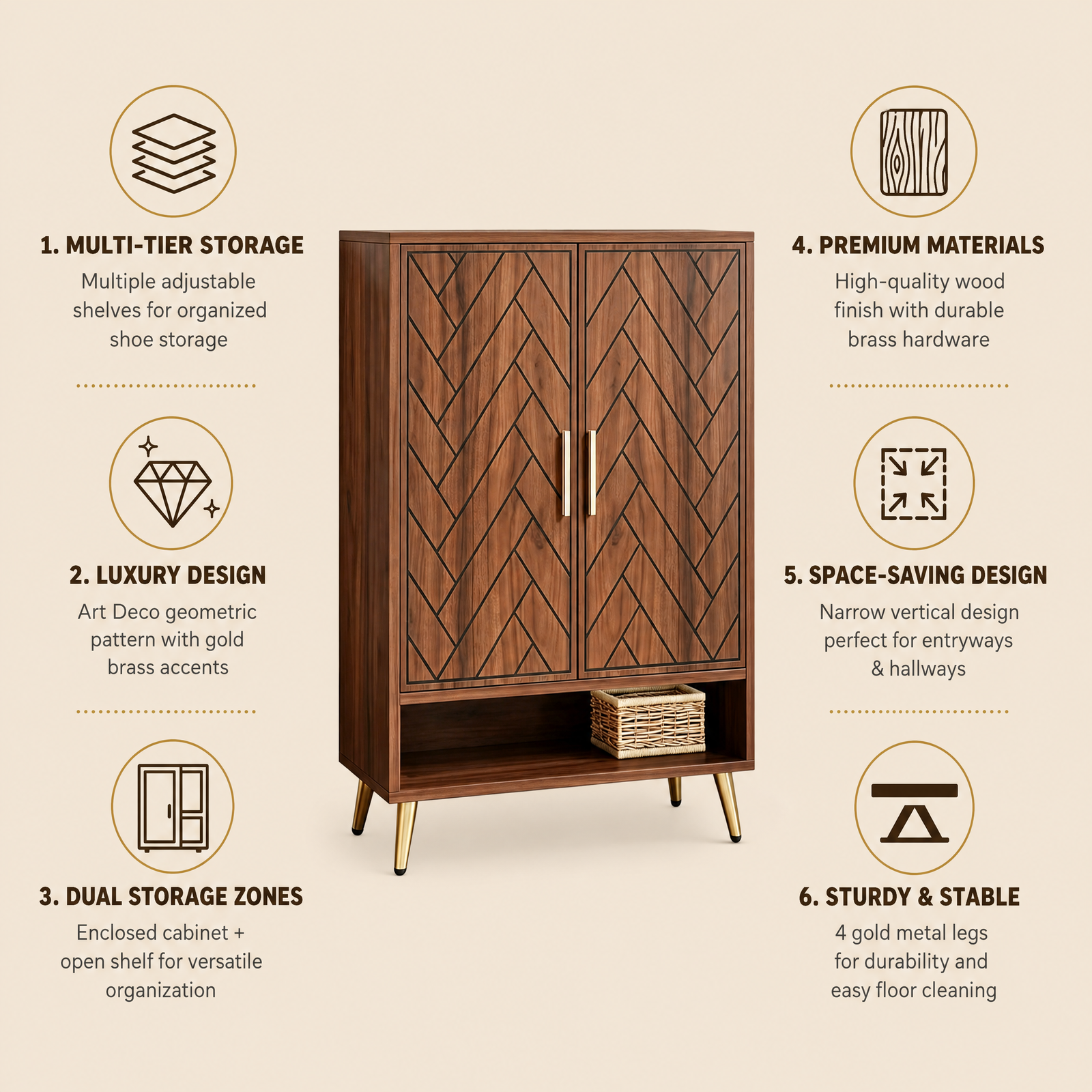 EMOOTTOO Mid-Century Modern 6-Tier Shoe Cabinet with Herringbone Carved Doors, Walnut, 13.77" Wide