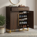 EMOOTTOO Mid-Century Modern 6-Tier Shoe Cabinet with Herringbone Carved Doors, Walnut, 31.5" Wide