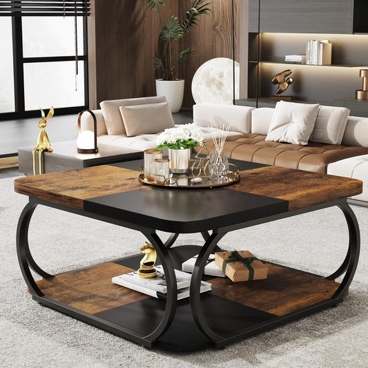 Emoottoo Square Coffee Table with 2 Tiers, 40 inches Low Farmhouse Coffee Table with Wood Storage Shelf Heavy Duty Metal Curved Frame for Modern Living Room, Black Rustic Brown