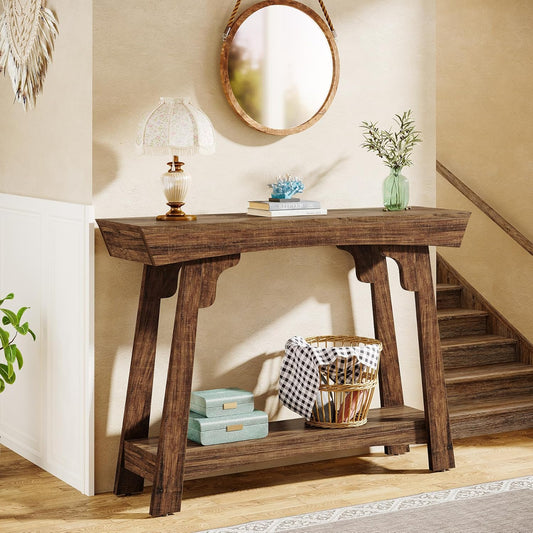 Emoottoo 41.3" Farmhouse Console Table, Small Entryway Table with 2-Tier Storage, Narrow Wooden Sofa Table Behind Couch for Living Room, Foyer, Hallway, Rustic Brown