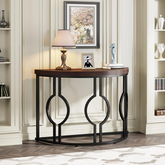 Emoottoo Half Moon Console Table for Entryway, 43 Inch Industrial Semi Circle Sofa Table with Geometric Base, Wood Accent Table for Living Room, Hallway, Foyer, Entrance, Rustic Brown