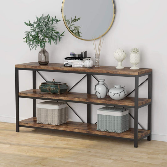 Emoottoo 55 Inches Long Sofa Table with Storage Shelves, 3 Tiers Industrial Rustic Console Table with Open Shelves, Three Decorative Shelf, Open TV Shelf for Living Room, Hallway, Book