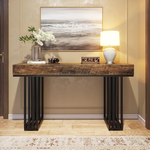 Emoottoo  55-Inch Console Table for Entryway, Industrial Hallway Table with Stylish Metal Frame, Sofa Foyer Table for Living Room, Entrance, Brown & Black