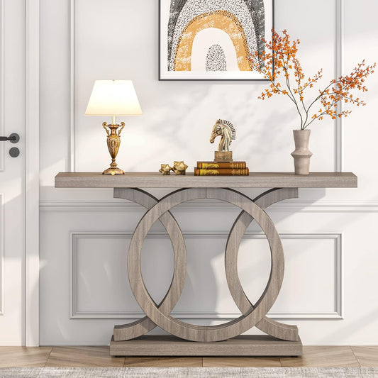 Emoottoo 55 inches Console Table with Geometric Base, Farmhouse Hallway Table, Wooden Entryway Sofa Table, Unique Long Accent Table for Decoration and Organization (Grey)