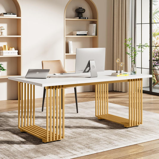 Emoottoo 70.9" Modern Office Desk, Wooden Computer Desk, White Executive Desk with Gold Metal Legs, Large Workstation for Home Office, Study Writing Desk, Small Conference Table for Meeting Room