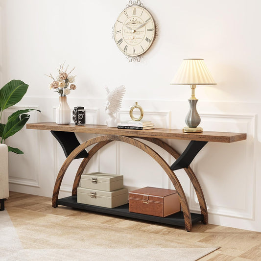 Emoottoo 70.87" Console Table with Storage Shelf, Narrow Long Sofa Table Behind Couch Table, 2-Tier Rustic Entryway Table with Half Moon Frame for Hallway Living Room (Brown & Black)