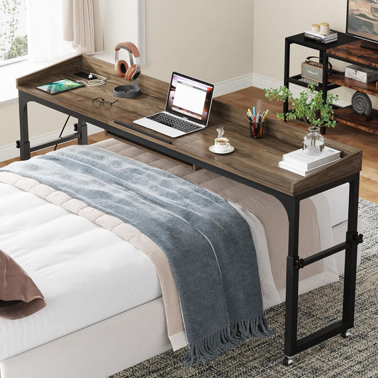 Emoottoo Height Adjustable Overbed Table with Wheels, Queen Size Over Bed Desk with Adjustable Tilt Stand, Mobile Laptop Cart Computer Desk with Outlets & USB Ports (Dark Gray)