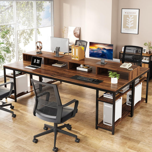 Emoottoo Two Person Desk with Monitor Stand, 78.74" Long Double Computer Office Desk with Storage Shelves, Large Gaming Study Writing Table Workstation for Home Office (Rustic Brown)