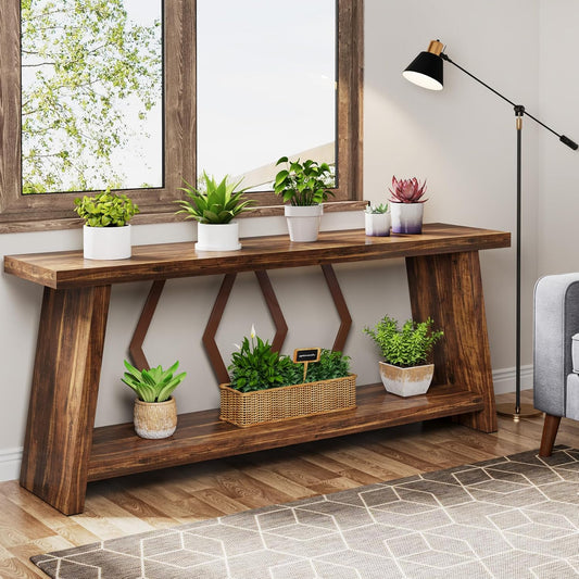 Emoottoo 70.86-Inch Farmhouse Console Table, Industrial Narrow Long Sofa Entryway Table with Storage, 2-Tier Wood Couch Foyer Accent Table for Living Room, Hallway, Entrance (Brown)