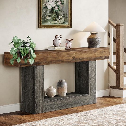 Emoottoo 63" Console Table, Farmhouse 2-Tier Entryway Table with U-Shaped Base, Narrow Long Wood Sofa Table Behind Couch Table for Living Room, Hallway, Foyer, Vintage Brown & Gray | Farmhouse, Entryway Table, Narrow, Long, Sofa Table, Behind Couch Table