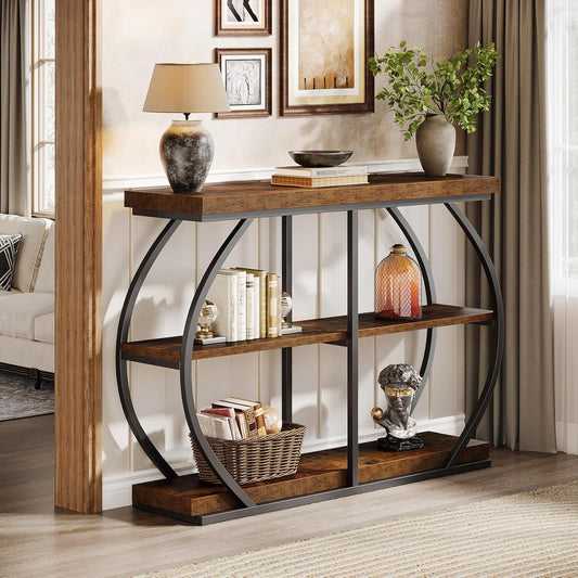 Emoottoo 41.3" Console Table, Industrial 3-Tier Entryway Table with Arched Metal Frame and Storage Shelves for Living Room, Hallway, Rustic Brown