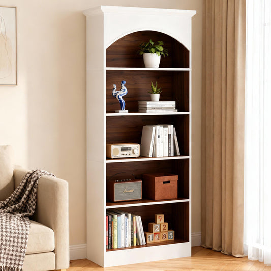 Emoottoo 71" Tall 5-Tier Arched Library Bookshelf, Modern White & Oak Contrast Bookcase with Crown Molding, Large Vintage Storage Shelving Unit with Closed Backboard for Home Office