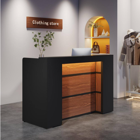 Emoottoo Modern Reception Desk with LED Lights, 63 Inches Front Counter Table for Reception Room (Black&Brown)