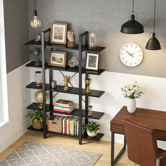 Emootto 70" Tall Modern Black Bookshelf, 5-Tier Wide Industrial Bookcase with Metal Frame, Open Display Storage Shelving Unit for Home Office & Living Room, All Black