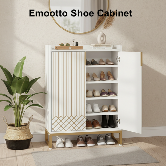 Emootto 41" Luxury White & Gold Shoe Storage Cabinet, 5-Tier Modern Entryway Organizer with Geometric Diamond Pattern & Metal Base