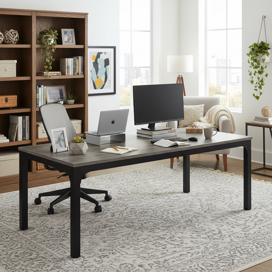 Emootto 79" Modern Industrial Dining Table - Extra Long Grey Oak Kitchen Table with Metal Legs, Large Conference Meeting Table for 6-8 People