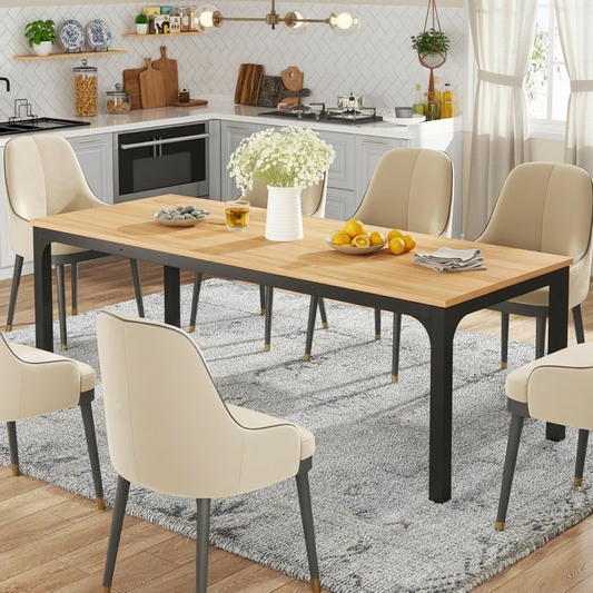 Emootto 79" Industrial Dining Table - Extra Long Natural Oak Kitchen Table with Metal Legs, Large Conference Meeting Table for 6-8 People