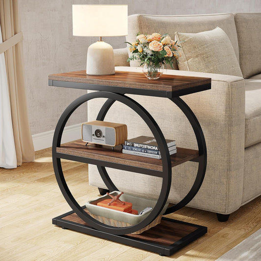 Emoottoo Side End Table with 3 Storage Shelves, Industrial Sofa Table with Round Metal Frame for Living Room, Engineered Wood Nightstand for Bedroom