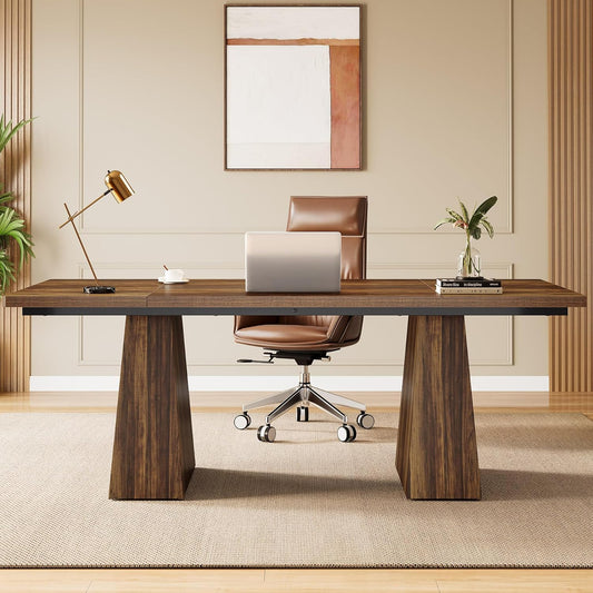 Emoottoo 63-Inch Executive Desk, Modern Office Computer Desk with Sturdy Double Pedestal, Large Study Writing Table Simple Workstation for Home Office, Rustic Brown