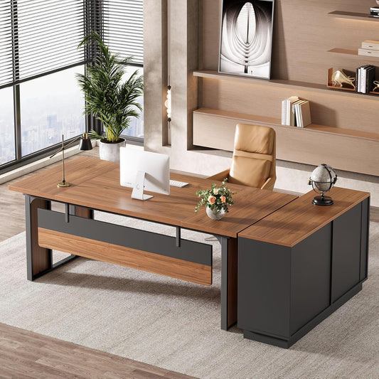 Emoottoo 63‘’ L-Shaped Executive Desk, Office Table with 39.37-Inch Drawers Cabinet, Large Computer Desk with Storage Shelves, Business Furniture Set for Home Office, Brown & Black