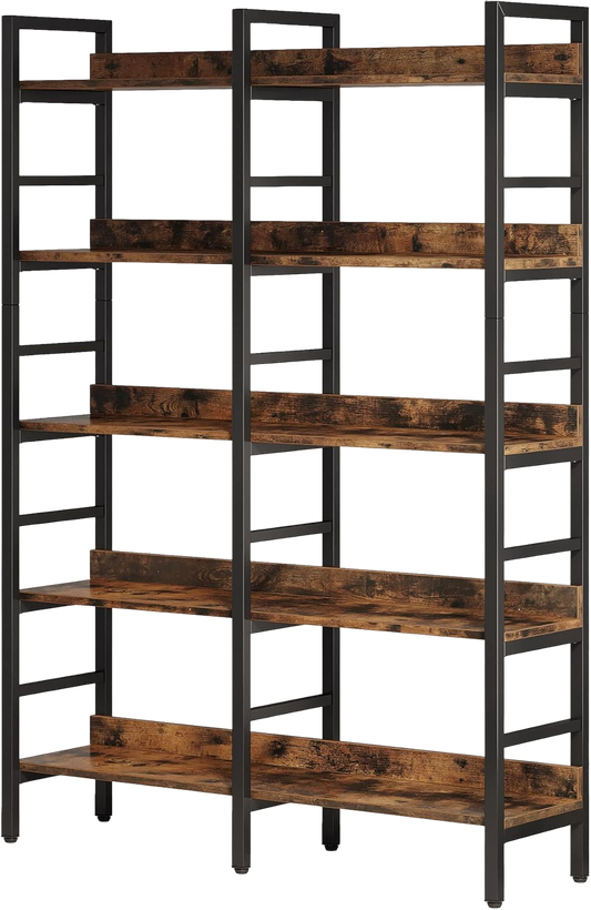 71" Tall Double Wide Bookshelf, 5-Tier Industrial Etagere Bookcase with Protective Back Edges, Large Open Storage Shelf