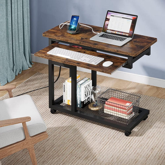 Emoottoo Small Portable Desk with Power Outlet, Height Adjustable Sofa Couch Bedside Laptop Table with Wheels, Mobile Standing Desk Rolling Computer Cart C Side Table with USB Ports