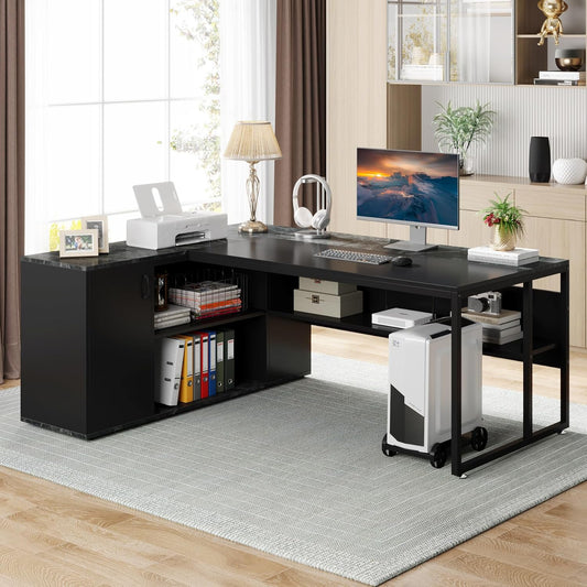 Emoottoo 71 inch Executive Desk, L Shaped Desk with Cabinet Storage, Executive Office Desk with Shelves, Business Furniture Set Workstation for Home Office, Black