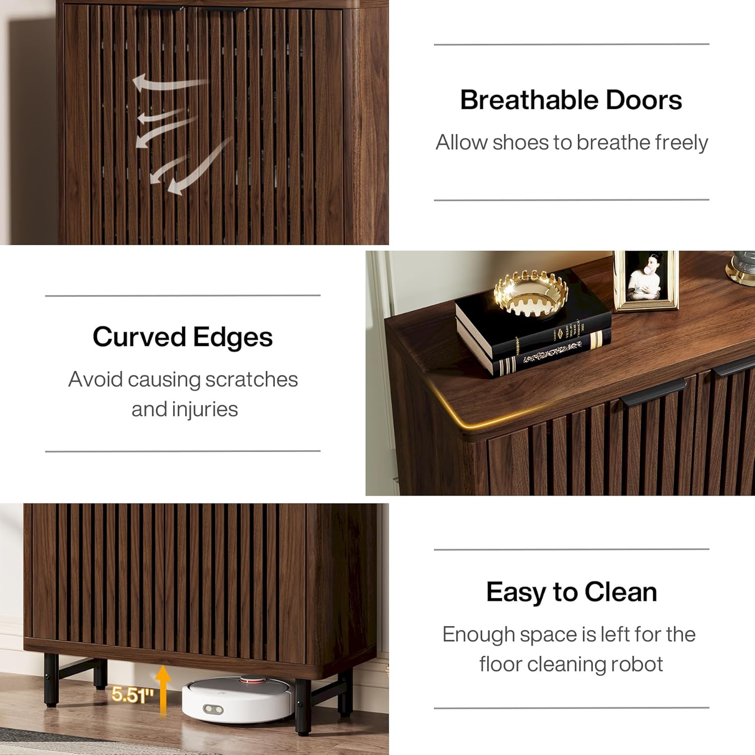 EMOOTTOO 43" Dark Walnut Shoe Storage Cabinet with Breathable Louvered Doors