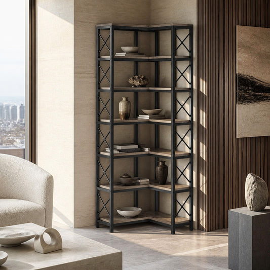 Gray | 79-inch 7-Tier Corner Bookshelf in a styled room | EMOOTTOO